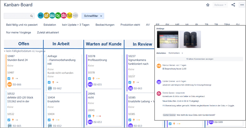 KANBAN-Board aller Servicefälle mit Detailansicht